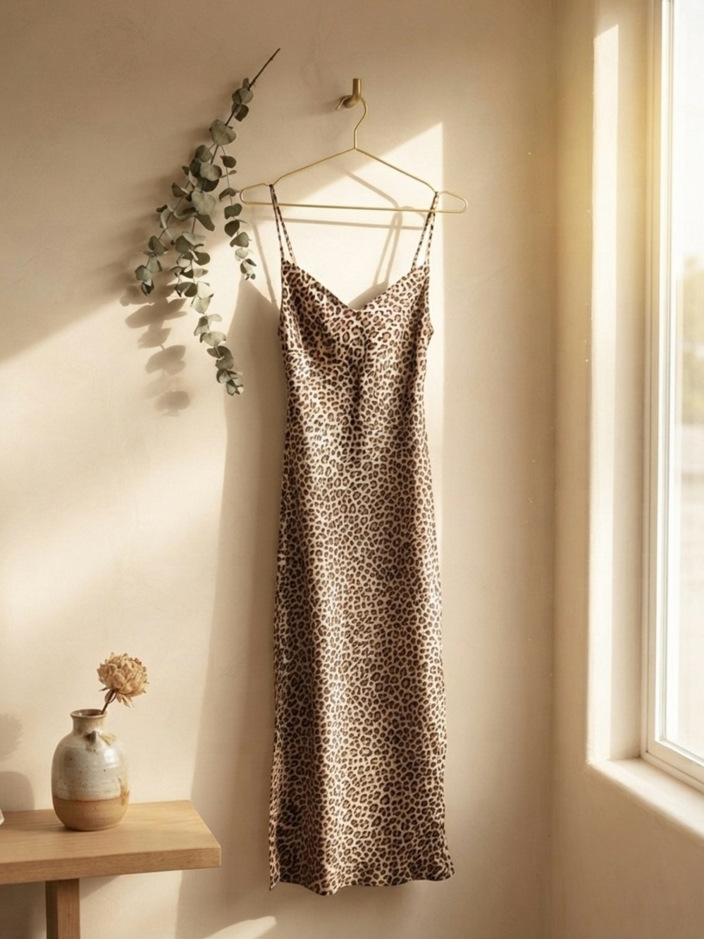 J. Crew Satin Leopard Print Slip Dress in Brown and Cream Slit Sides